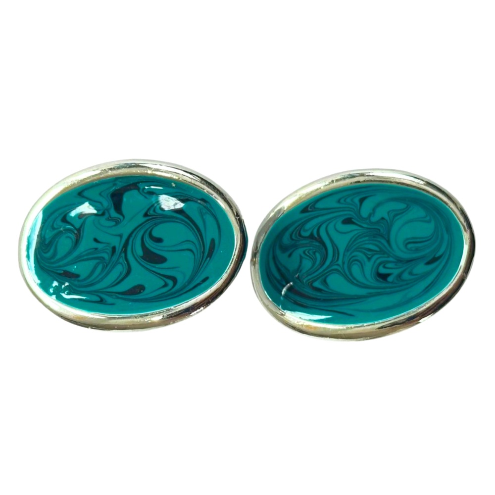 Vintage Vibes Retro Teal & Black Marbled Oval Earrings with Silver Finish